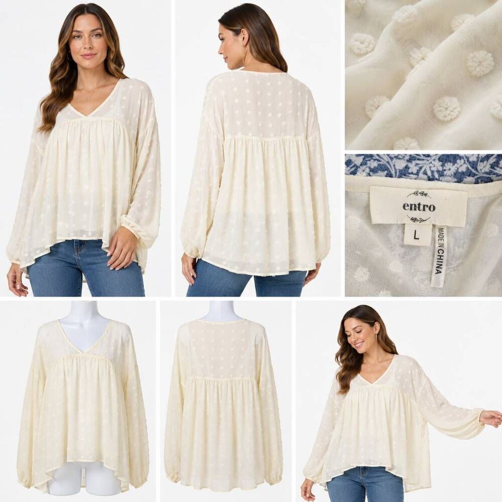 Entro Women’s Sheer Swiss Dot Blouse Size L Cream Long Sleeve Flowing